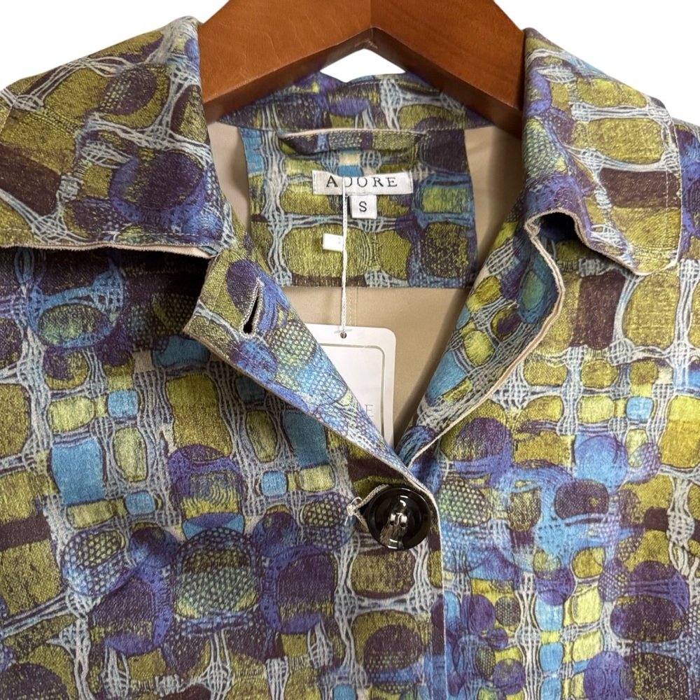 Adore Print Trench Coat Green Blue Geometric Print Size Small NWT - Picture 2 of 10